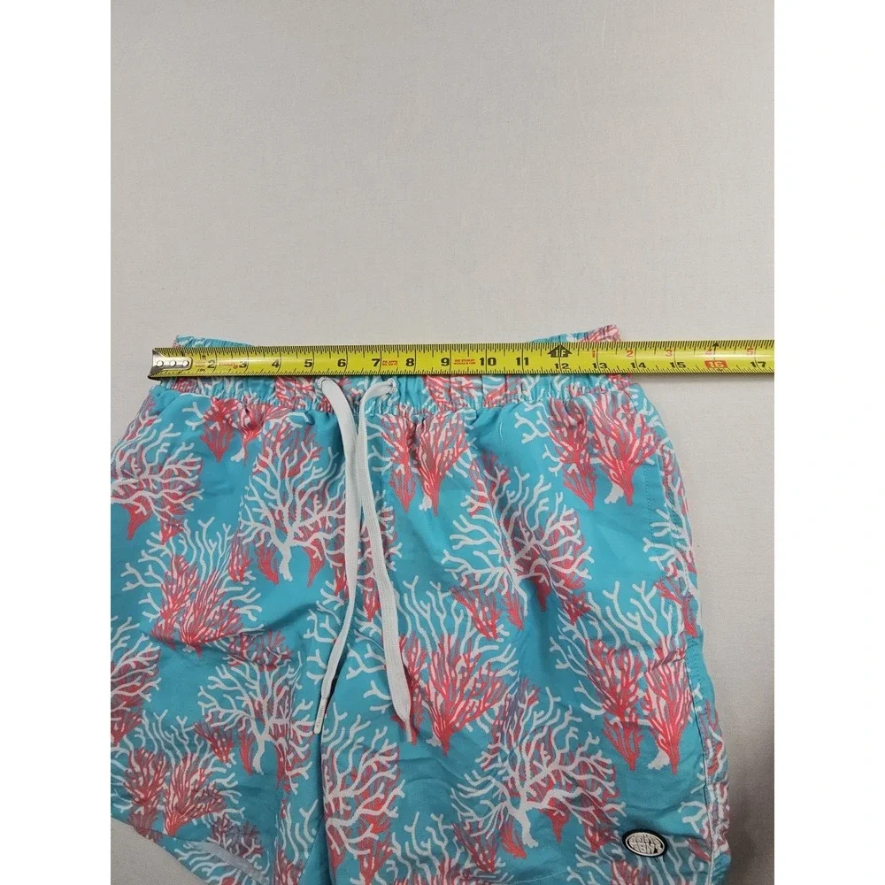 Hang Ten Men's M‎ Swim Trunks Coral Reef Blue Pink Elastic Waist Drawstring